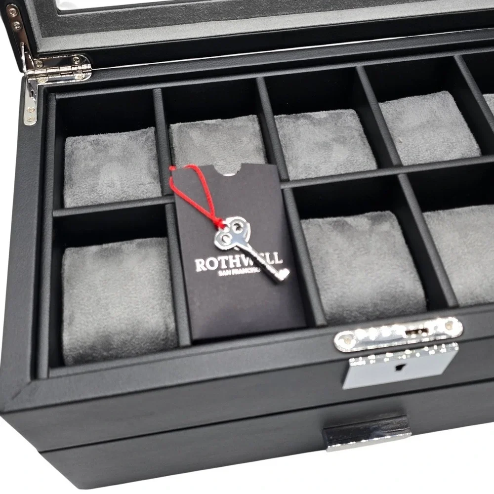 ROTHWELL 20 Slot Leather Watch Box Display Case Organizer Glass Top Lock Black